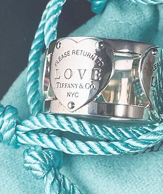 £342.47 • Buy Return To Tiffany & Co 4 Panel 11.5mm Wide Love Heart Band Ring Heavy Silver Sz5