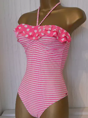 Pink White Next Halter Neck Strapless Spot Stripe Frill Ruffle Swimsuit Size 10 • £5.39