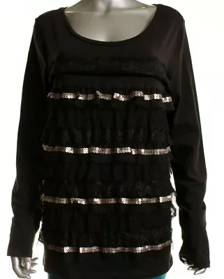 Bandolino Denim Black Cotton Top Lace Ruffle Sequin Front Long Sleeve L NWT  • $13.99