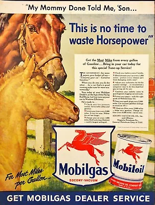 Mobilgas Socony Vacum Oil Horse & Colt Conserve Gas WWII Vintage Print Ad 1942 • $14.08