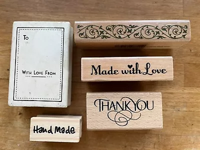 5 X Wooden Rubber Ink Stamp Made With Love  Thank You Hand Made  Border Stam • £5.75