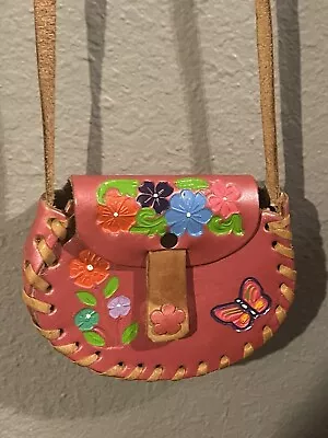 Small Mexican Hand Tooled Leather Floral Crossbody Handbag • $15