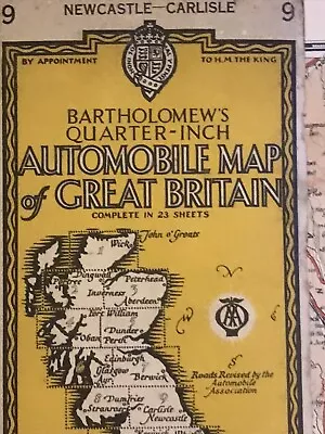 Vintage 1933 Bartholomew’s Quarter Inch Automobile Map Newcastle -Carlisle Linen • £6.50