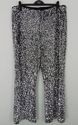 Marks & Spencer Dress Pants Silver Large Sequins Flared Elastic Pull On NEW F2 • £14.99