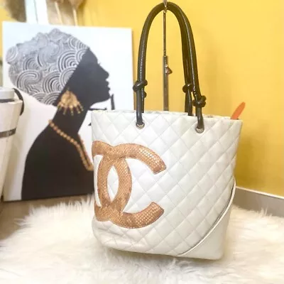 CHANEL Big COCO MARK Cambon Line Medium Tote Bag Women White Snake Genuine USED • $1604.97