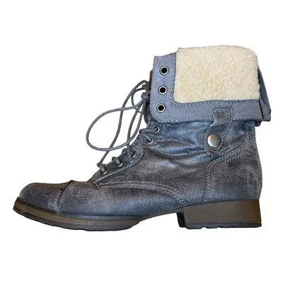 Bongo Distressed Gray Combat Boots Size 9 Fold Over Sherpa Trim Lace Up Lug Sole • $29