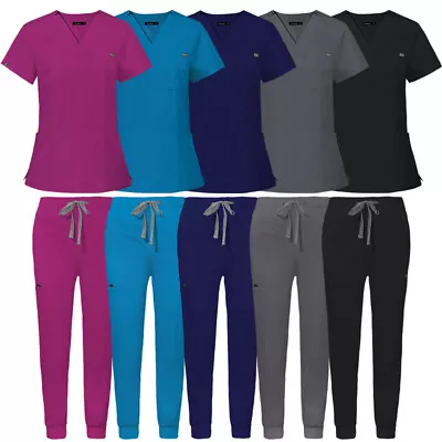 Unisex Stretch Jogger Scrub Set Solid V-Neck Top Men Women Jogger Nurse Uniform • $19.99