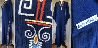 Vtg Grecian Greek Gauze Cotton Blue Long Maxi Dress Painted Orange Yellow White • $56