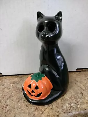 Vtg Halloween Black Cat Pumpkin Jack O Lantern Tealight Candle Holder Figurine • $14.99