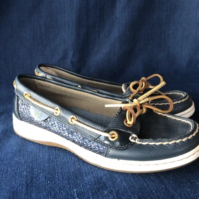 $13.99 • Buy Sperry Loafer Womens Leather Sequin Boat Shoe Navy & Gold Size 7