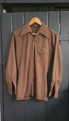 Vintage 1970s JOEL Cal-Made Long Sleeve Statement Collar Disco Shirt Small Brown • £27.50