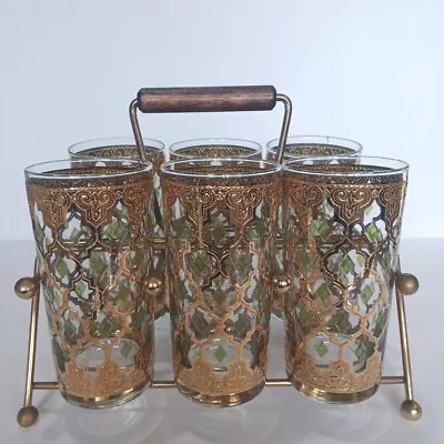 Lot Of 6 Culver Valencia 22kt Gold Green Diamonds Highball Tumbler MCM And Stand • $59.99