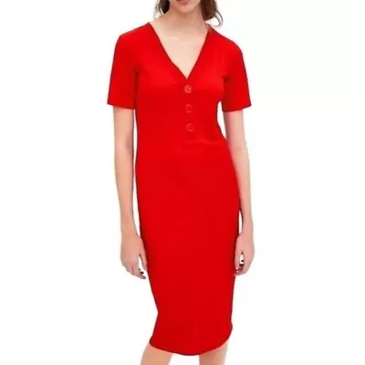 Zara Dress Womens Medium Red Ribbed Knit V Neck Button Detail Sheath Midi • $36.99