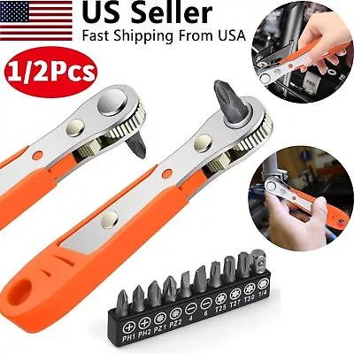 Ratcheting Right Angle Screwdriver Hex Drive 90 Degree Offset + 10pc Bits Set • $8.25