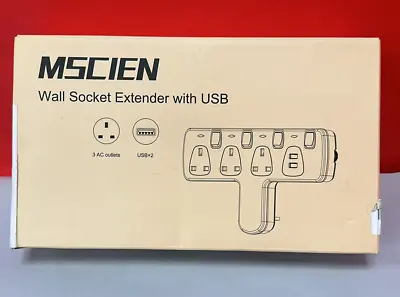 Mscien Plug Extension With 2 USB Wall Socket 3 Way Plug Adaptor YQ02U • £12.99