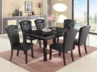 7-Pc Dining Room Set Gray Faux Marble Top Table And Tufted Upholstered Chairs • $1324.90