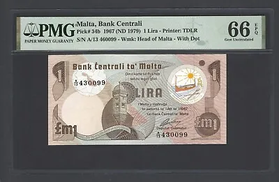 Malta One Lira 1967(ND 1979)  P34b Uncirculated Grade 66 • $59.99