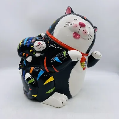 Holiday Time Cat Cookie Jar W Baby Cat On It’s Back And Fish Collar W Box Large • $25