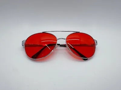 Classic Red Lens Aviator Sunglasses With Silver Tone Cop Pilot Costume Retro UV • $6.99