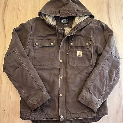 Carhartt Mens S Relaxed Brown Sherpa Lined Hooded Utility Jacket Oj3826m 103826 • $69.99