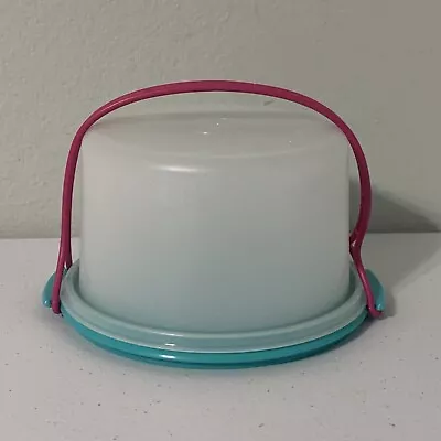 Tupperware Cake Carrier Round Aqua Base Fuchsia Handle 1498-5 Vintage Taker • $25