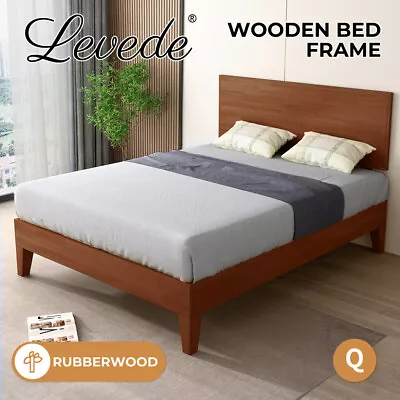 Levede Queen Bed Frame Rubberwood Timber Mattress Base Headboard Walnut • $379.99