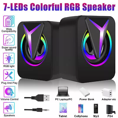 3.5mm RGB LED Mini USB Wired Computer Speakers Stereo Bass For PC Laptop Desktop • $11.99
