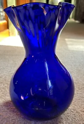 Cobalt Blue Art Glass Vase With Ruffled Edge 23cm High • $75