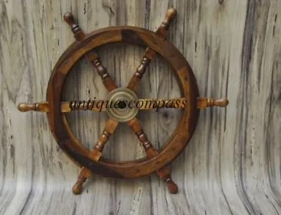 £28.86 • Buy Nautical Wooden Ship Steering Wheel Pirate Decor Wood Brass Fishing Wall Boat 18