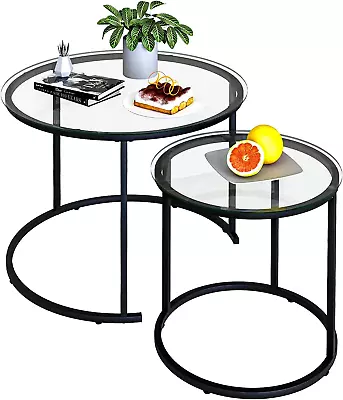 Nesting Coffee Table Set Of 2Modern Black Tempered Glass Side Table Metal Fram • $99