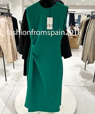 Zara New Woman Gathered Fitted Waist Midi Dress Green Xs-xl 9878/076 • $53.88
