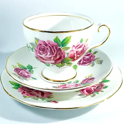 Vintage Salisbury Juliana Rose Bone China White & Pink Teacup Trio England • $34.50