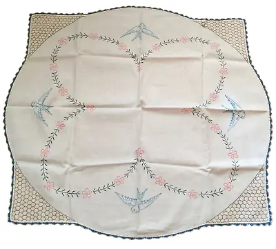 Vintage Hand Embroidered Tablecloth  Bird  Floral  Cotton White 34x32  • $19.99