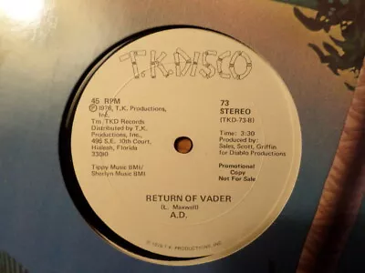 $9.99 • Buy Promo Tk Disco 12  Single Lp Record /a.d. /return Of Vader/ 1978 Disco Dance/ex+