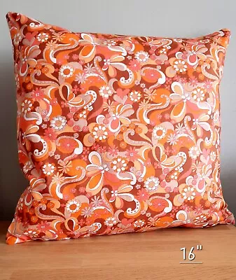 Vintage Fabric Cushion Cover To Suit 16  Insert 70s Flower Orange Paisley • £20