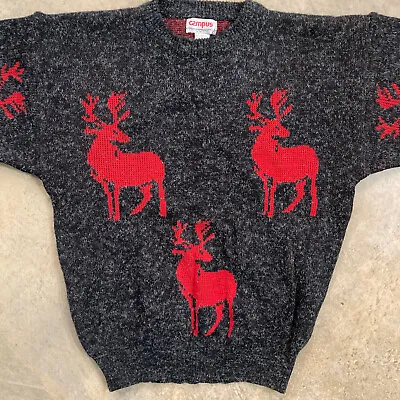 Vintage Christmas Sweater Men's Large Gray Red Reindeer 1980's 80's Campus Brand • $27.99