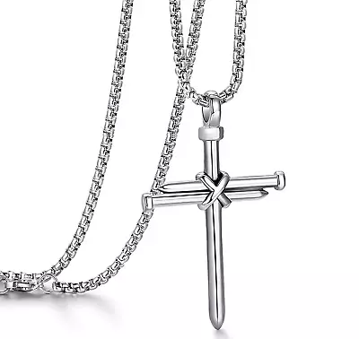Silver Black Gold Nail Cross Pendant Necklace Chain Stainless Steel Christ Mens • $6.92