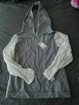 ZARA Women Two Tone White Grey Lace Sleeves Hoodies Size XS • $15.99