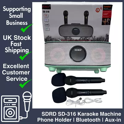 SDRD SD-316 Karaoke Machine 2 Wireless Microphones Bluetooth SD/USB/Aux In • £39.97