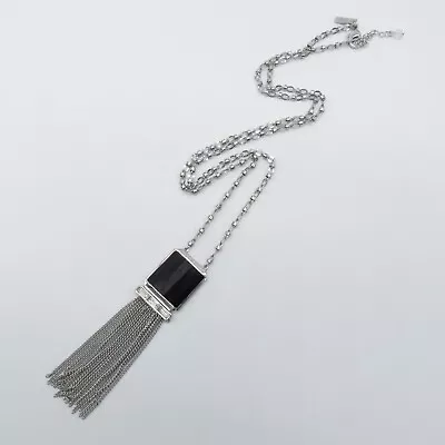 WHBM Fringe Y Drop Necklace 32 To34  Black Faceted Resin Silver Tone Unique Boho • $13.49