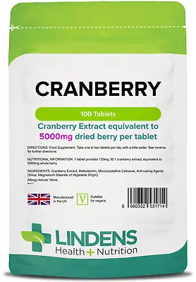 Lindens Cranberry Juice 5000mg Tablets - 100 Pack - Rich In Polyphenols UK Made • £7.99