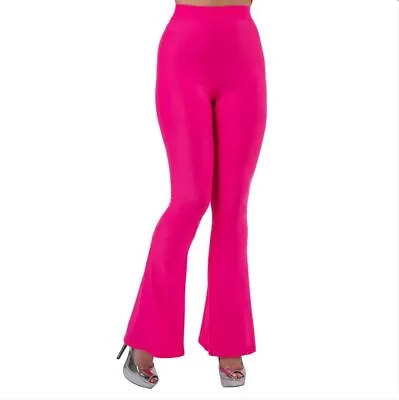 Ladies RETRO FLARES BELL BOTTOM Pants Hot Pink  Flared Trousers Disco Diva 70s • £12.45