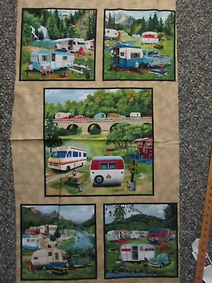 Vintage Trailer Rv Camper Nature 5 Block Cotton Fabric Panel  • $11.99