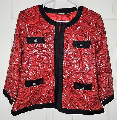 Michael Simon Large Red Sequin Jacket Rhinestone Cardigan Christmas Holiday • $34.99