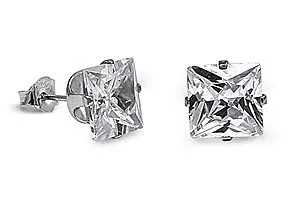 Sterling Silver Clear Rhodium Finish CZ Stud Earrings Square Princess Cut Fine • $11.69