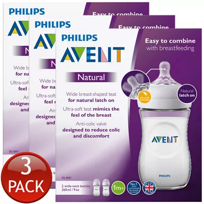 $75.89 • Buy 3 X Philips Avent Natural Feeding Bottle 1M+ 260Ml 2 Pack Anti Colic Wide Neck