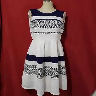 YA Los Angeles  Sleeveless Fit & Flare White Navy Blue Dress S • $14.44