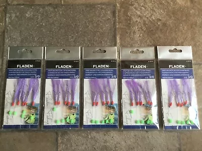 5 X MACKEREL FEATHERS RIGS 5 HOOK PURPLE SPARKLE RIG SEA FISHING BOAT & BEACH • £6.49