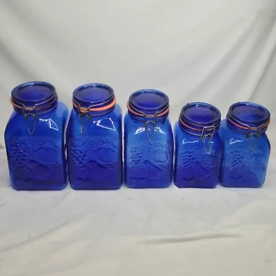 Cobalt Blue Lidded Mason Jar Farm's Products Produits De Campagne Italy Set Of 5 • $129.99