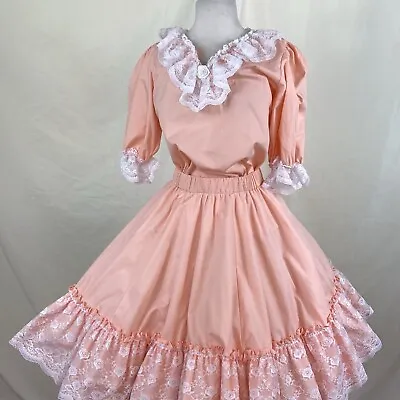 Square Dance Outfit Skirt Blouse PEACH  White Lace Trim Partners Please Vintage  • $75